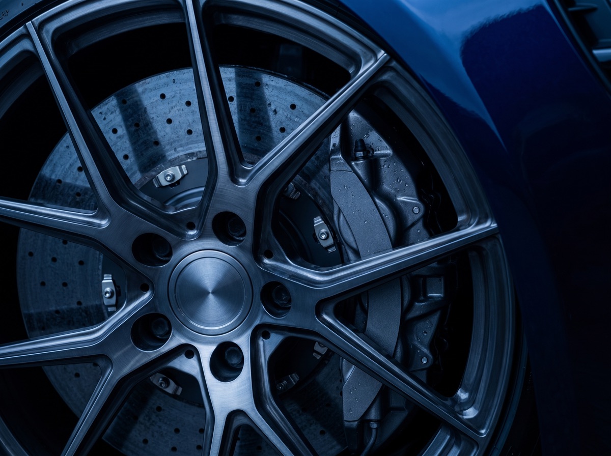 A forged wheel over a drilled brake disc and caliper