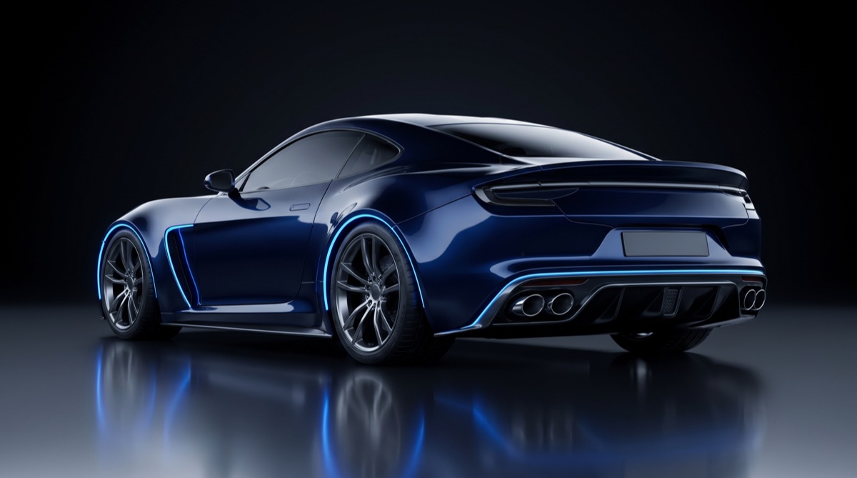 A sports car from a low rear angle