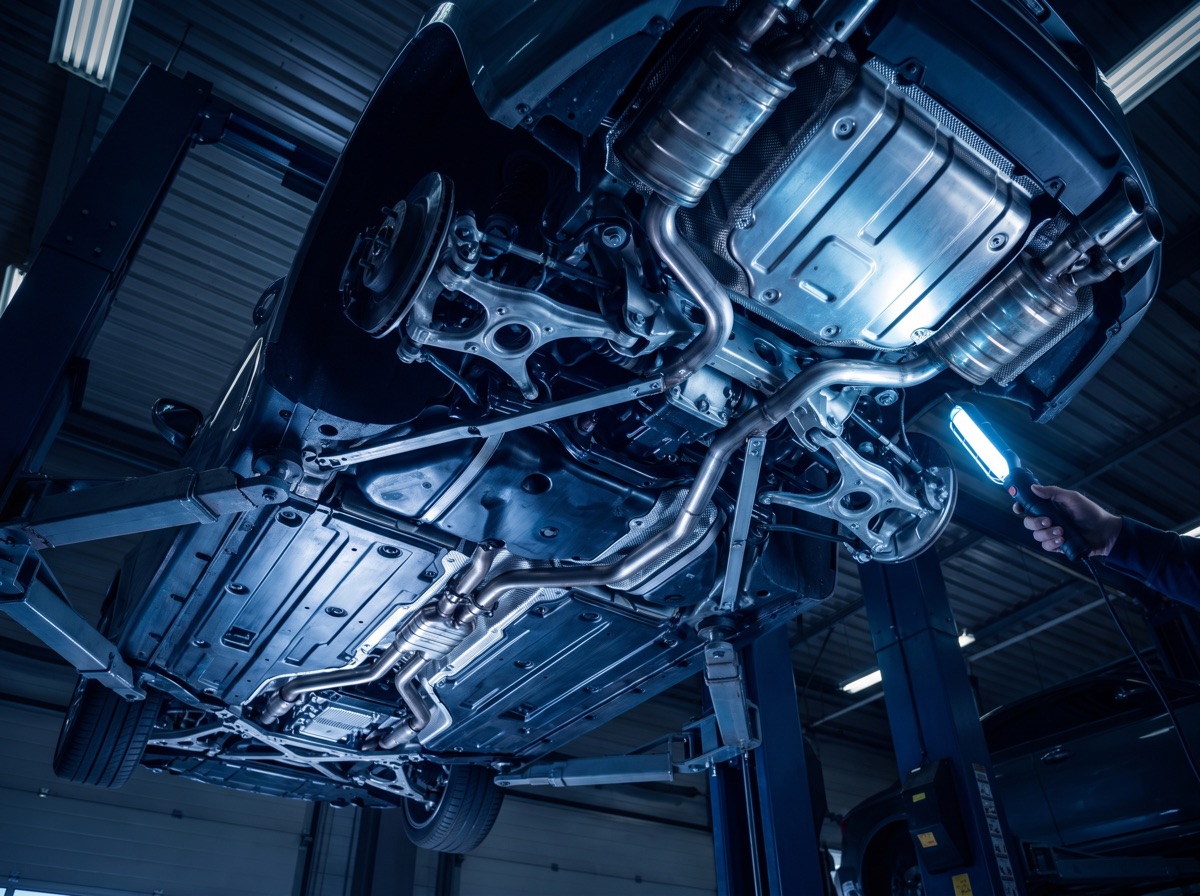 The underside of a car raised on a workshop hoist